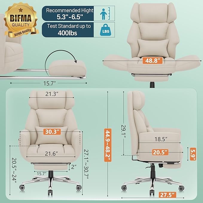 GABRYLLY Office Criss Cross Chair with Footrest, Big and Tall Executive Chair with Wide Seat,Reversible Armrest,Wheels, Lumbar Pillow and 120°Tilt,Computer Desk Chair for Gaming,Meditation,Ivory