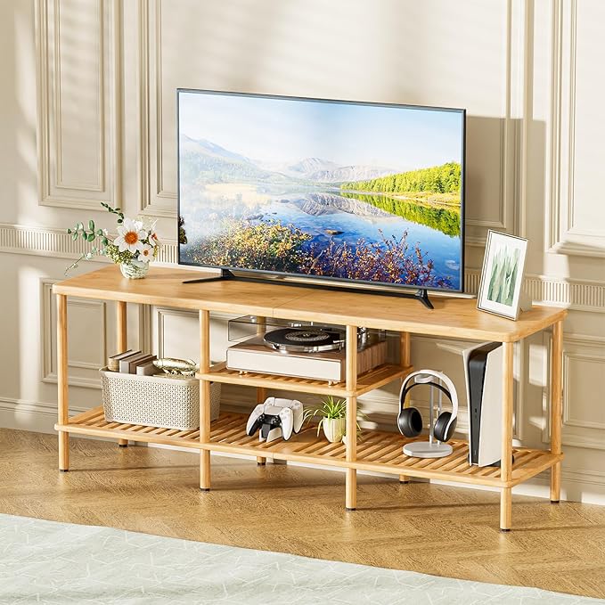 Amazer Bamboo TV Stand for 60 65 Inch TV, Entertainment Center with 3 Tier Open Storage Shelf, Wood TV Table for Living Room, Bedroom