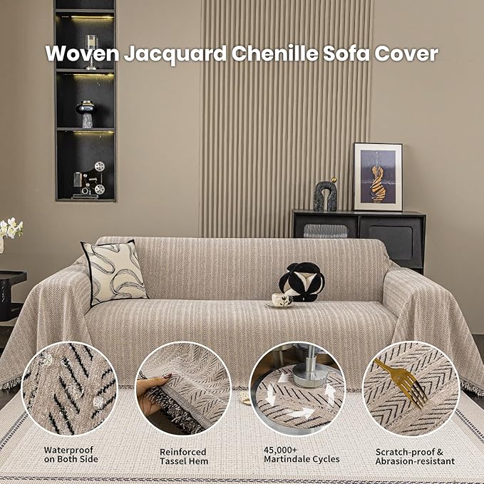 Nobildonna Sofa Cover Washable Soft Thicken Chenille Couch Cover with Tassel,Waterproof Sofa Slipcover for 3-4 Cushion Couch,Sectional Sofa,L-Shaped Furniture Protector Pet-Friendly,Brown 91"x134"