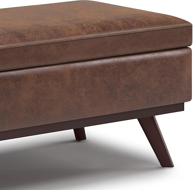 SIMPLIHOME Owen 42 inch Wide Mid Century Modern Rectangle Lift Top Large Coffee Table Storage Ottoman in Distressed Chestnut Brown Vegan Faux Leather, Assembled, For the Living Room