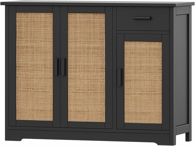 Irontar Kitchen Storage Cabinet, Sideboard Buffet Cabinet with Rattan Doors, Farmhouse Console Table with Drawer, Coffee Bar, Accent Table for Kitchen, Living Room, Hallway, Black and Natural CWG010BM