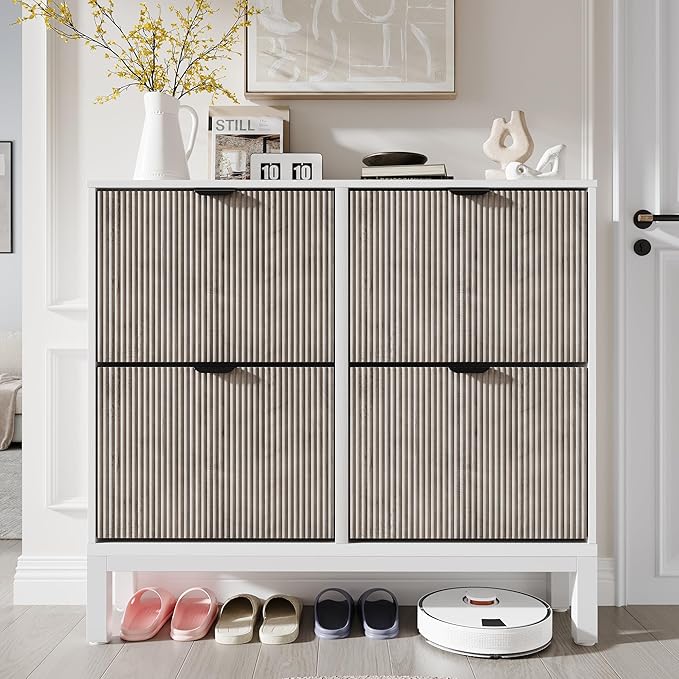 GarveeHome Fluted Shoe Storage Cabinet with 4 Flip Drawers, Narrow Wooden Shoe Organizer with Metal Legs, Modern Farmhouse Hidden Shoe Rack for Entryway, Hallway, White+Gray