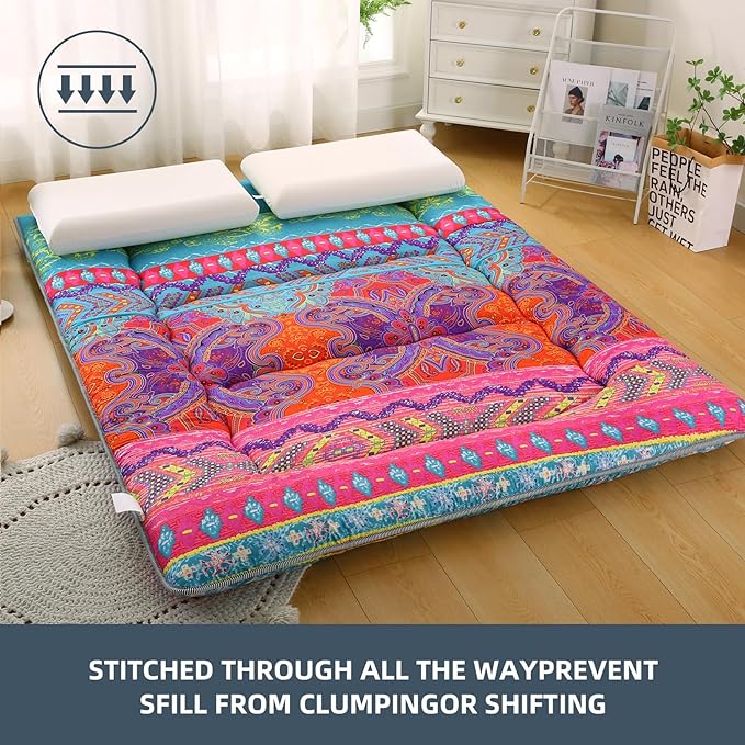 Bohemian Retro Japanese Floor Mattress, Vintage Floral Tatami Floor Mat, Portable Roll up Futon Mattress for Guest,Tavel (D,Full 80" X 47")