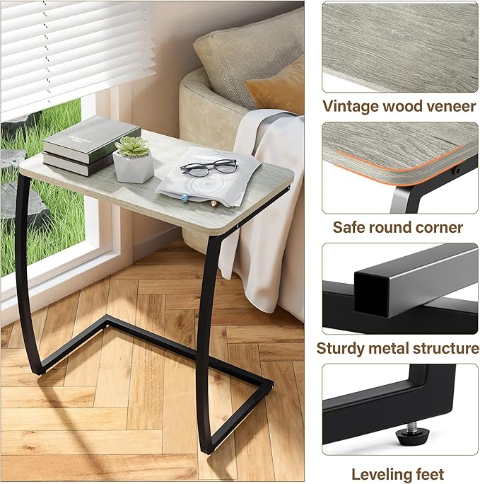 SRIWATANA Side Table, End Table, Vintage C-Shaped Couch Table for Sofa Laptop Coffee Snack, Light Grey