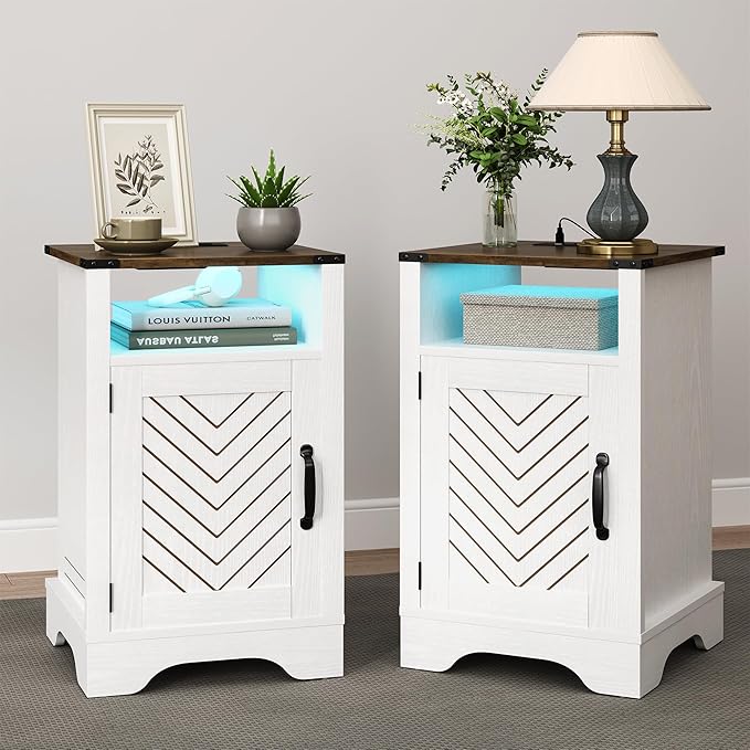 RoyalCraft Farmhouse Nightstand Set of 2, White Night Stand with LED Lights and Charging Station, Bedside Table Set of 2 with Storage and Door, Wood End Table for Bedroom, Home Office, Antique White