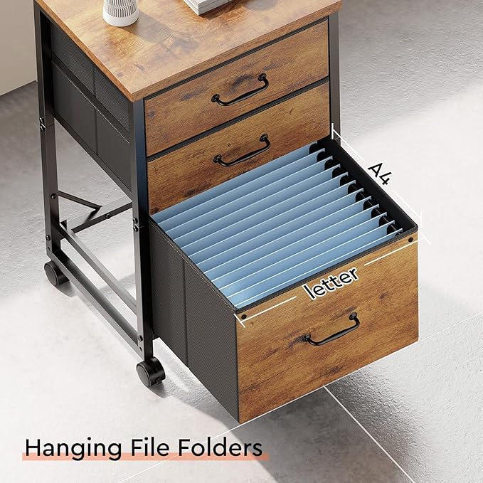 3 Drawer Mobile File Cabinet with Wheels Fabric Vertical Filing Cabinet fits A4 or Letter Size for Home Office,Rustic Brown2