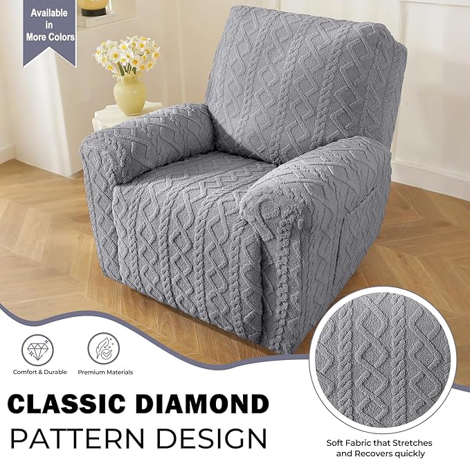 vctops 4 Pieces Geometric Jacquard Plush Recliner Slipcovers Soft Fuzzy Fluffy Sofa Couch Cover Anti-Slip Furniture Protector with Elastic Bottom for Kids Cats Dogs(Grey,1 Seat)