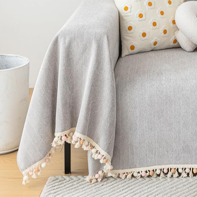 HANDONTIME Grey Sofa Cover for 3 Seat Couch - Boho Couch Cover - Light Grey Tassel Chenille Herringbone Sofa Covers - 91" X150" Sectional Cover