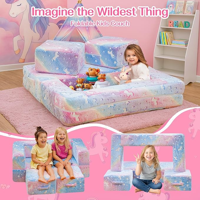 Lamerge Toddler Couch Glow in The Dark Toddler Fold Out Couch for playroom, Convertible Baby Fold Out Play Foam and Floor Cushion for Bedroom (Rainbow+Unicorn)