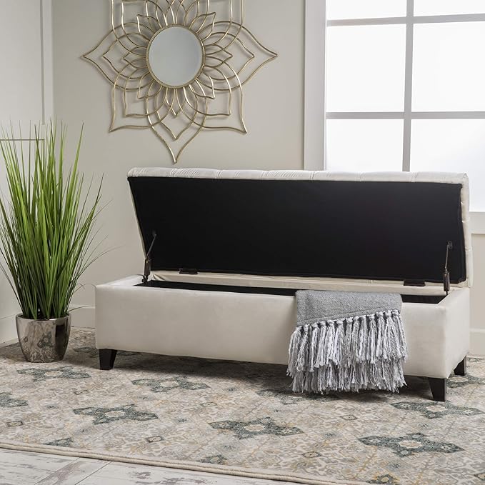 Christopher Knight Home Ottilie Velvet Storage Ottoman, Ivory 17.5”D x 51.0”W x 17.00”H