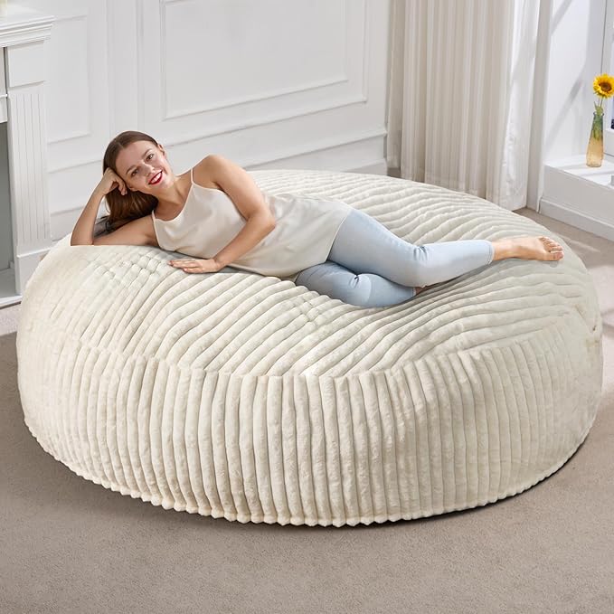 Hobestluk 6ft Bean Bag Chairs for Adults Large Beanbag Chair with Stripe Plush Cover Big Bean Bag Chair for Living Room Bedroom Dorm Office - White (70" x 70" x 15")
