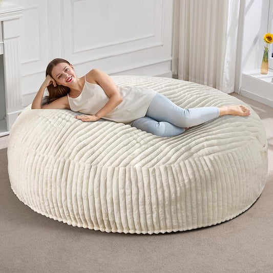 Hobestluk 6ft Bean Bag Chairs for Adults Large Beanbag Chair with Stripe Plush Cover Big Bean Bag Chair for Living Room Bedroom Dorm Office - White (70" x 70" x 15")