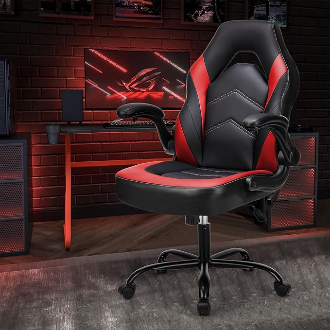 OLIXIS Computer Gaming Desk Chair - Big and Tall Ergonomic Comfy Lumbar Support with Flip-up Armrest and 360° Swivel Wheels, PU Leather Height Adjustable, for Home and Office, Red