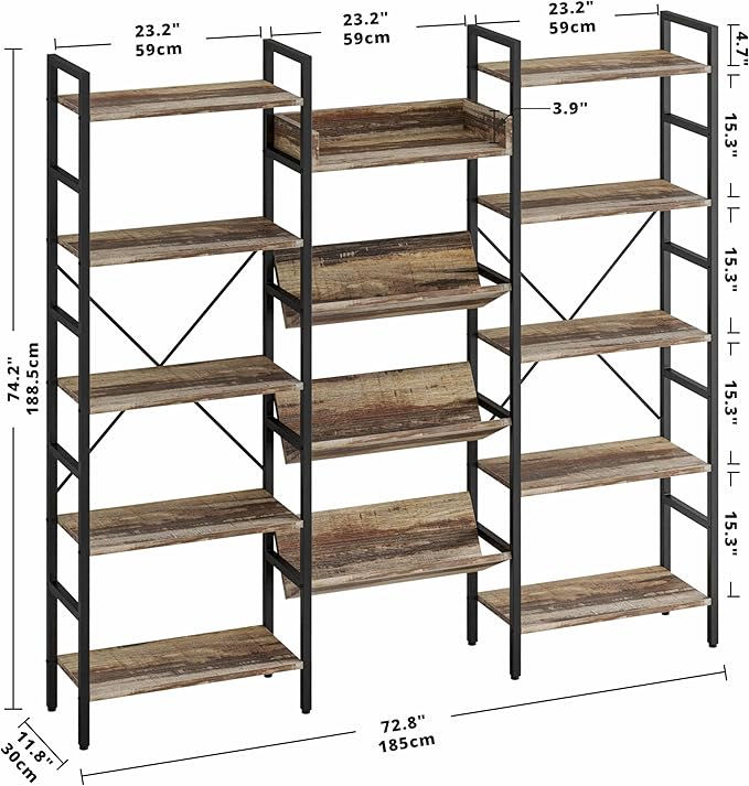 IRONCK Bookshelves and Bookcases 5 Tiers, Triple Wide Industrial Bookshelf, Large Etagere Bookshelf, Display Storage Bookshelves with Metal Frame for Living Room, Home Office