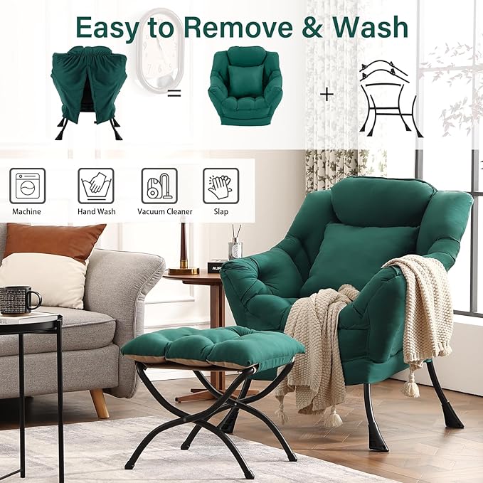 Lazy Chair with Ottoman, Modern Lounge Armchair with a Pillow, Leisure Sofa Armchair Set, Reading Chair with Footrest for Living Room, Bedroom, Office, Dorm Room, Peach Green