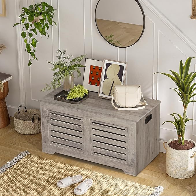 DINZI LVJ Storage Chest, Flip-Top Wooden Toy Box with 2 Safety Hinges, Retro Entryway Shoe Storage Bench, Sturdy Large Storage Trunk for Living Room, Bedroom, Easy Assembly, Greige