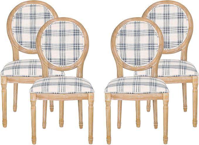 Christopher Knight Home Phinnaeus Dining Chair Set, Set of 4, Wood, Dark Blue Plaid + Light Beige + Natural
