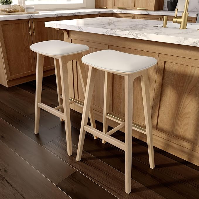 Plank+Beam Beryl Bar Height Stool - Mid-Century Modern Rubberwood Bar Stool with Faux Leather Seat, Metal Footrest, Easy Assembly, 4-Pack, Blonde/Sesame