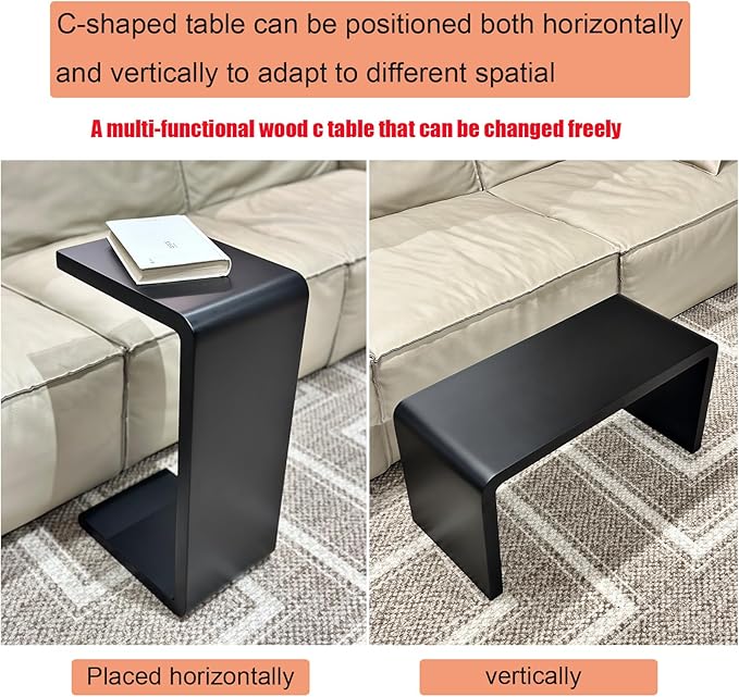 27.2" Black C Shaped Wood Tabl Set of 2, Space-Saving Slide Under Sofa Table, for Living Room Bedroom Conference Rooms Showroom Laptop Work Desk (H 27.2″ - Black, 2)