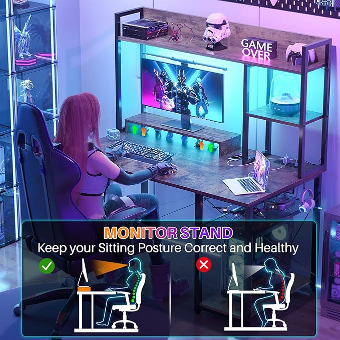 Cyclysio Gaming Desk with Hutch, 39'' Computer Desk with LED Lights & Power Outlets, Home Office Desk with Reversible 5 Tiers Storage Shelves & Monitor Stand, Small Gaming Table for Small Space,Rustic