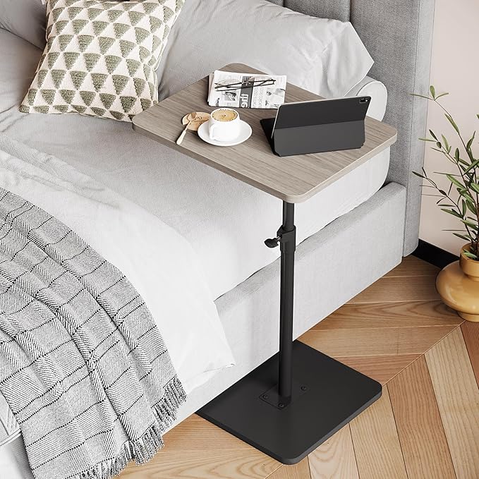 NiHome Minimalist Height Adjustable End Table, 360° Rotatable Sofa Armrest Side Tray Table, Adjustable Legs Space-Saving Couch Bedside Bathtub TV Tray C-Shaped End Table Snack Table for Eating (Gray)