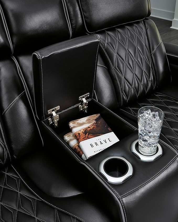 Signature Design by Ashley Boyington Modern Leather Match Power Reclining Loveseat with Console, Adjustable Headrest, Massage, Heated Seat and LED Lights, Black