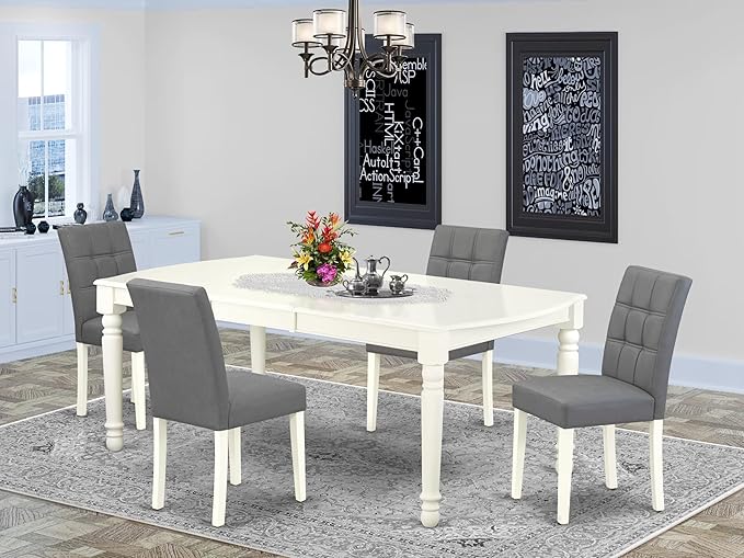 East West Furniture DOAS5-LWH-41 5 Piece Kitchen Table Set Includes A Dinner Table and 4 Platinum Gray Polyester Fabric Person Chairs with Stylish Back- Linen White Finish