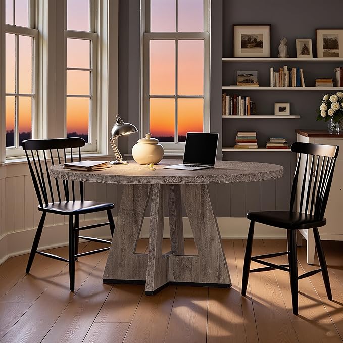 47" Round Dining Table for 4-6, Modern Dinner Table Farmhouse Round Small Kitchen Tables with Wooden Cross Base for Dining Room, Kitchen, Living Room, Gray