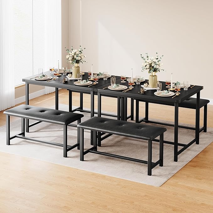 Dining Table Set for 4, Kitchen Table with 2 Upholstered Benches, 3-Piece Dining Room Set for Kitchen, Apartment and Small Spaces, Black