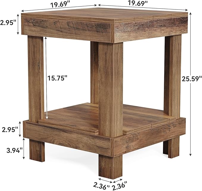 LITTLE TREE End Table Set of 2, All Wooden 2-Tier Square Side Table with Storage Shelves, Farmhouse Style Side End Table for Living Room, Small Bedside Table Nightstand for Bedroom, Reclaimed Natural