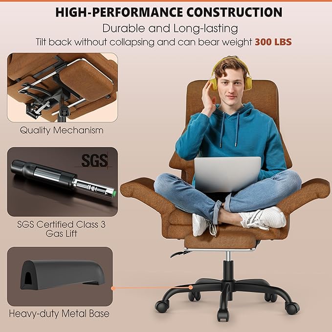 ELABEST C39 Cross Legged Office Chair with Footrest & Convertible Armrests - Pet-Friendly XL Home Desk Chair, Ergonomic Recliner with Lumbar Pillow, Criss Cross Design, Big and Tall Executive Chair