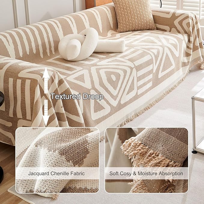 STACYPIK Boho Sofa Cover, Dog Couch Cover for Sofa, Non-Slip Khaki Sofa Cover for L Shaped, Furniture Protector for 3 Cushion Couch, Multi-Use Sectional Couch Cover, Multi-Use Sofa Silpcover-71X150IN
