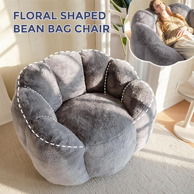 MAXYOYO Bean Bag Chair for Adults, Floral Shaped Bean Bag Sofa, Ultra Soft Faux Fur Floor Sofa, Large Reading Chair for Living Room Bedroom, Dark Grey, Single