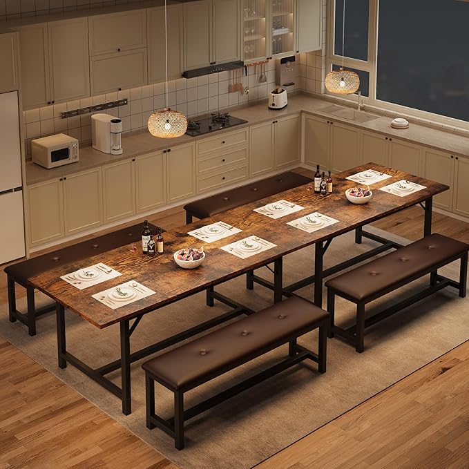 GarveeHome Dining Table Set for 4-6, 63" Extendable Wood Dining Room Table with Corner Protector & 2 Upholstered Benches, Kitchen Table Set for Apartment, Small Space, Easy Assembly, Retro Brown