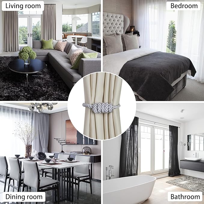 BEL AVENIR Magnetic Curtain Tiebacks, Decorative Drapery Holdbacks Modern Woven Tie-Backs with Exquisite Knot (Sliver, 4 Pack)