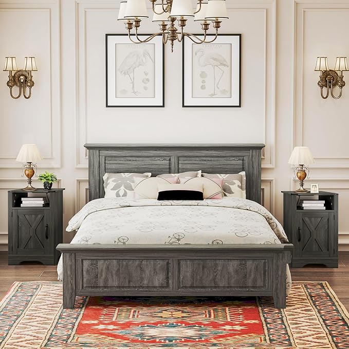 RoyalCraft Nightstand Set of 2, Grey End Table with Charging Station, Tall Farmhouse Bedside Table with Large Storage and Shelf, Wooden Side Table with for Bedroom, Home Office, Dark Grey