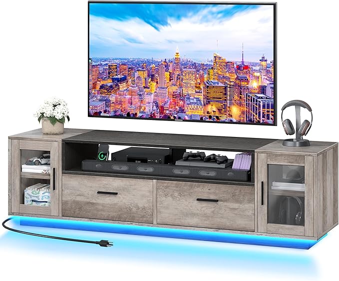 YITAHOME TV Stands for Living Room, Farmhouse TV Stand for 65/70 inch TV, LED TV Entertainment Center with Storage & Power Outlets, TV Console Cabinet, Rustic Grey