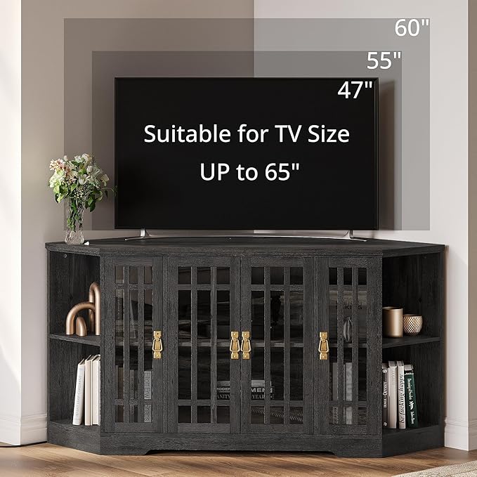 IRONCK Corner TV Stand for TVs up to 60 Inch with Power Outlet, Corner Entertainment Center with Storage Cabinet and Glass Doors, Mid Century Modern TV Stand for Living Room, Bedroom, Charcoal Grey