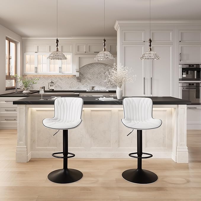 YOUNIKE 3 White Bar Stools Modern Swivel Counter Height Bar Chair with Back Adjustable Kitchen Island Faux Leather Padded Barstools taburetes de bar Breakfast sillas para barra de cocina 3PCS