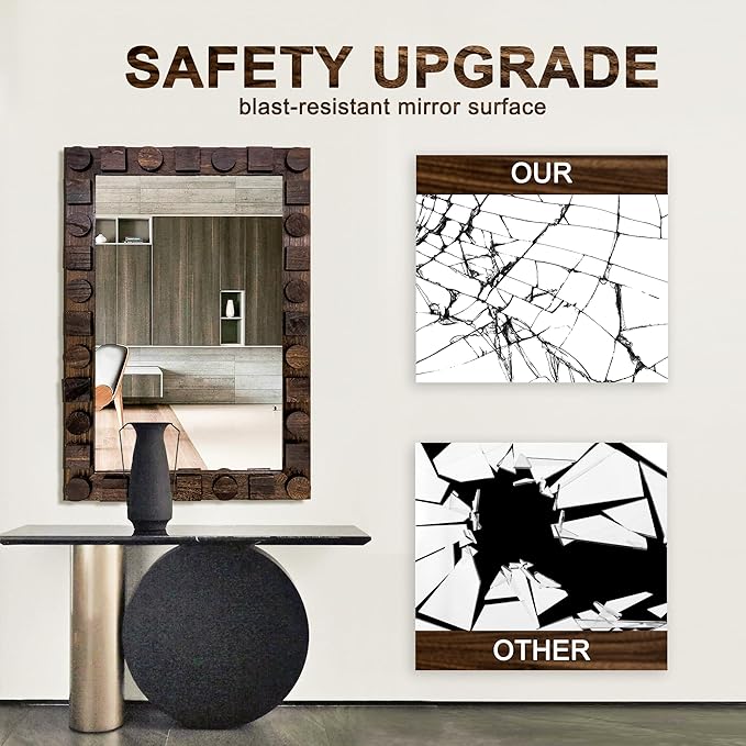 36x24 Inch Handcrafted Solid Wood Square Wall Mirror with Geometric Wood Inlay Design, Rustic Natural Texture for Bathroom, Bedroom, Living Room Decor