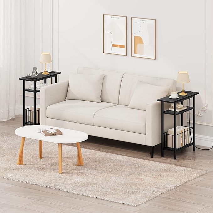 Vagusicc Narrow Side Table with Charging Station, 3-Tier Skinny Side End Table for Couch, Small End Tables for Small Spaces, 25.2" Tall Slim Nightstand Bedside Table for Living Room, Bedroom, Black