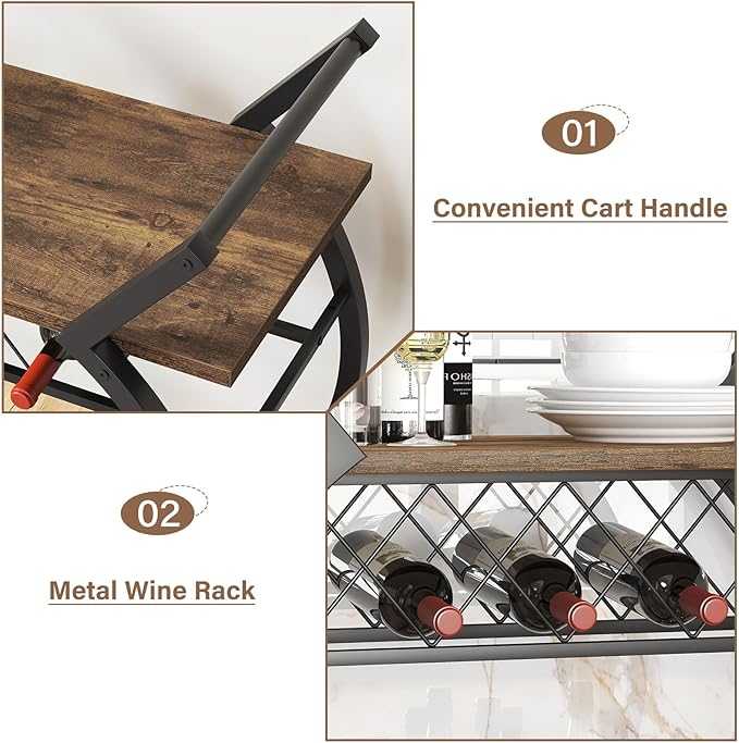 LVB Industrial Kitchen Bar Cart, Farmhouse Beverage Serving Liquor Cart with Wheels, Wood and Metal Rolling Wine Cart with Storage Shelf, Microwave Drink Cart for Home Living Dining Room, Rustic Brown