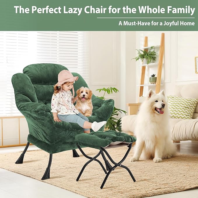 Lazy Chair with Folding Ottoman, Accent Chair Plush Upholstered with Metal Structure and Non-Slip Pads, Sofa Armchair with Footrest and Side Storage Bag for Dorm, Room, Office, Green