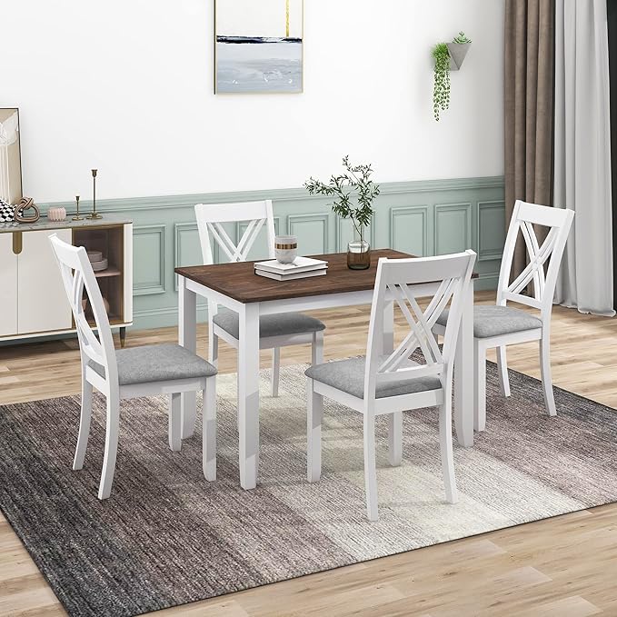 Ball & Cast 5-Piece Dining Table Set for 4,Kitchen Table Set W/ 44.5" Rectangle Table,Living Room Furniture W/ 4 X-Back Linen Upholstered Chairs,for Dining Room,Kitchen,Restaurant,Walnut+Light Beige