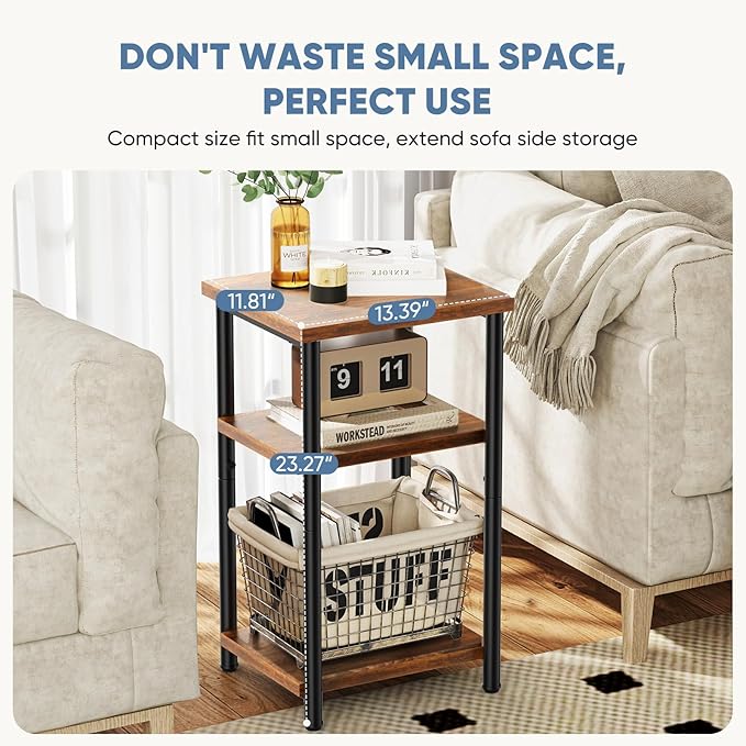 DUMOS End Table Small Side Sofa Tables 3 Tier Tall Nightstand Storage Shelf with Adjustable Feet for Living Room Bedroom Office, Brown