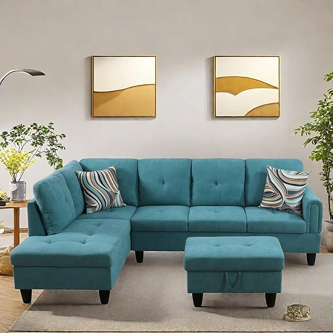 NAYSAYE Sectional Couch with Ottoman Storage, L Shaped Couch Sofa Furniture Sets, Modern Comfy Modular Comfy Sofa for Living Room Bedroom, Office and Apartment, Blue