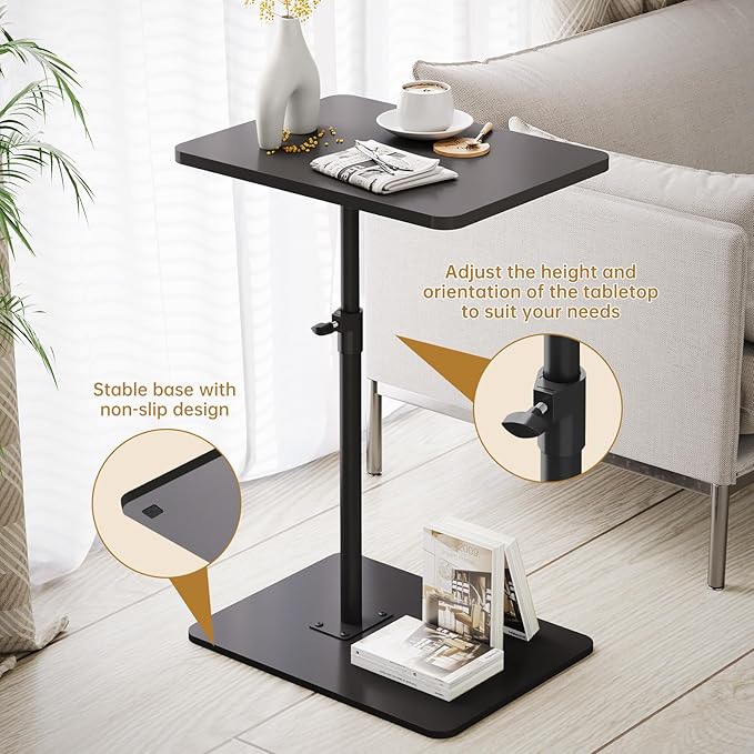 NiHome Minimalist Height Adjustable End Table, 360° Rotatable Sofa Armrest Side Tray Table, Adjustable Legs Space-Saving Couch Bedside TV Tray C-Shaped End Table Snack Table for Eating(Black)