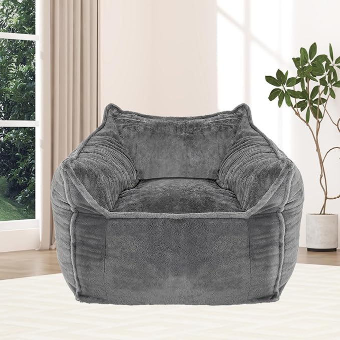 Giant Bean Bag Chair for Adults, Large Bean Bag Chair with Armrest, Living Room Fluffy Beanbag Couch with Filler Included, Comfy Washable Lazy Sofa Chair for Bedroom, Gray