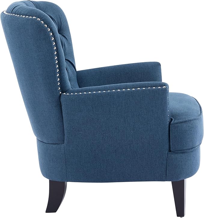 Ball & Cast Accent Chair,Mid-Century Lounge Living Room Chairs with Button Tufting,Upholstered Reading Accent Chair W/Solid Wood Legs and Curved Backrest,for Bedroom,Apartment,Navy Blue
