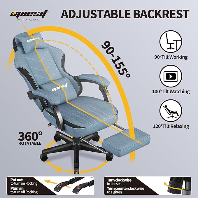 Gaming Chair,Fabric Computer Chair with Pocket Spring Cushion,400 lb Load Capacity,Ergonomic Office Chair with Footrest,Height Adjustable Video Gamer Chair with Lumbar Support (Blue)
